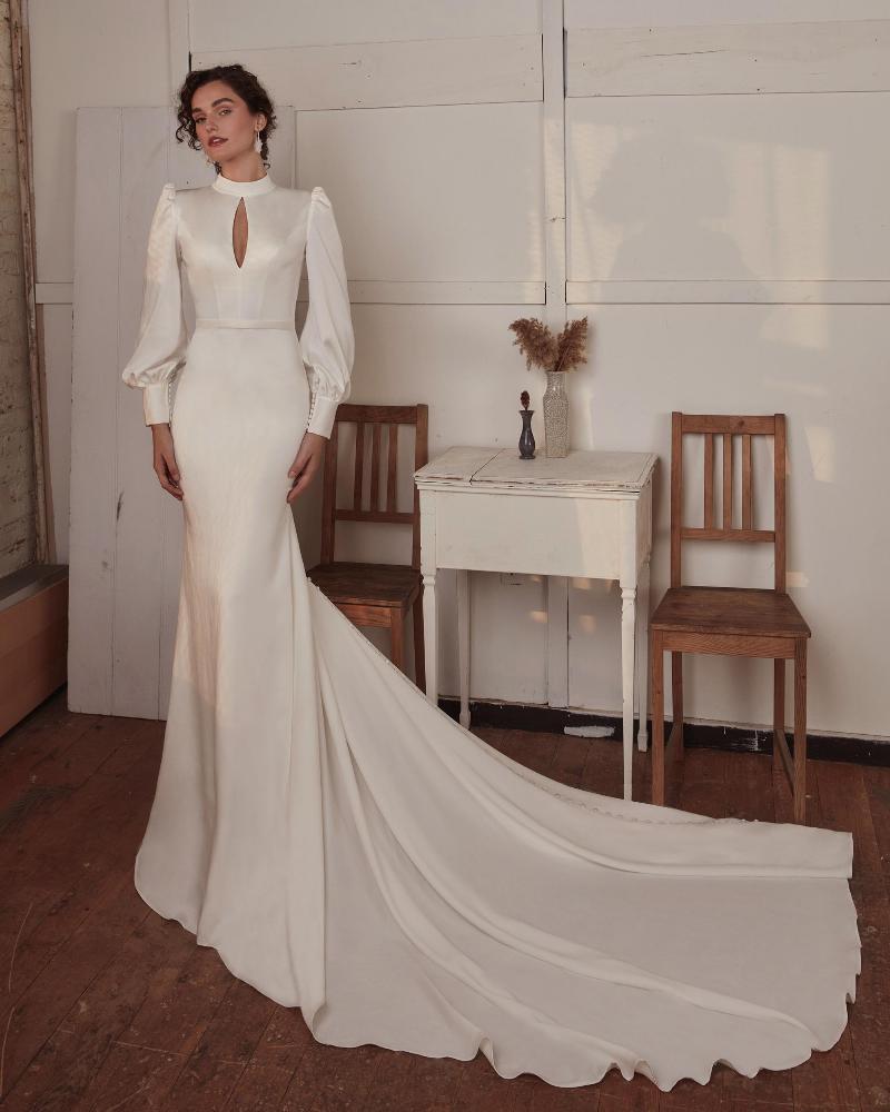 Lp2137 vintage high neck wedding dress with sleeves and satin sheath silhouette3
